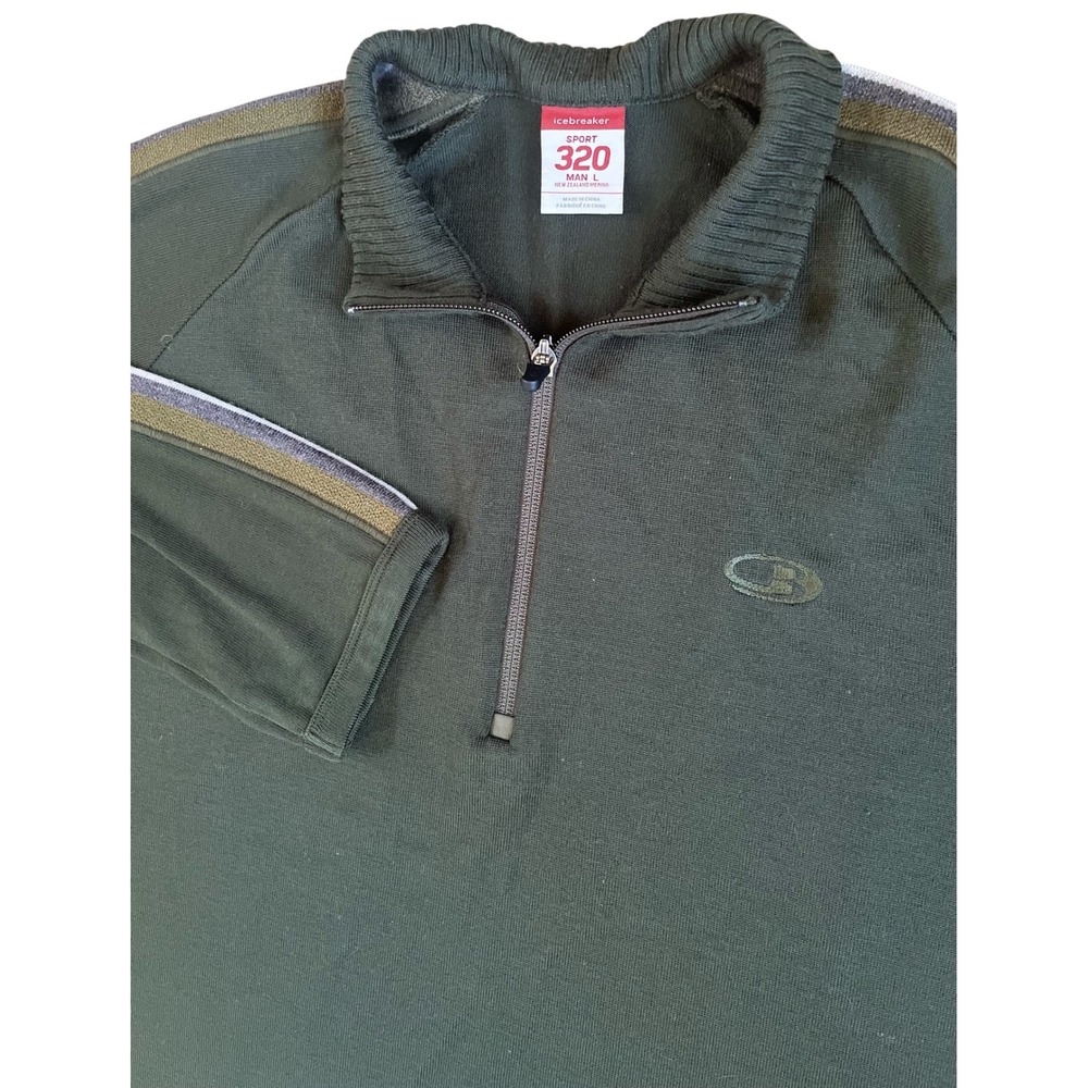 Icebreaker Sport 320 Mens L Merino Wool 1/4 Zip Pullover Green Thumbholes